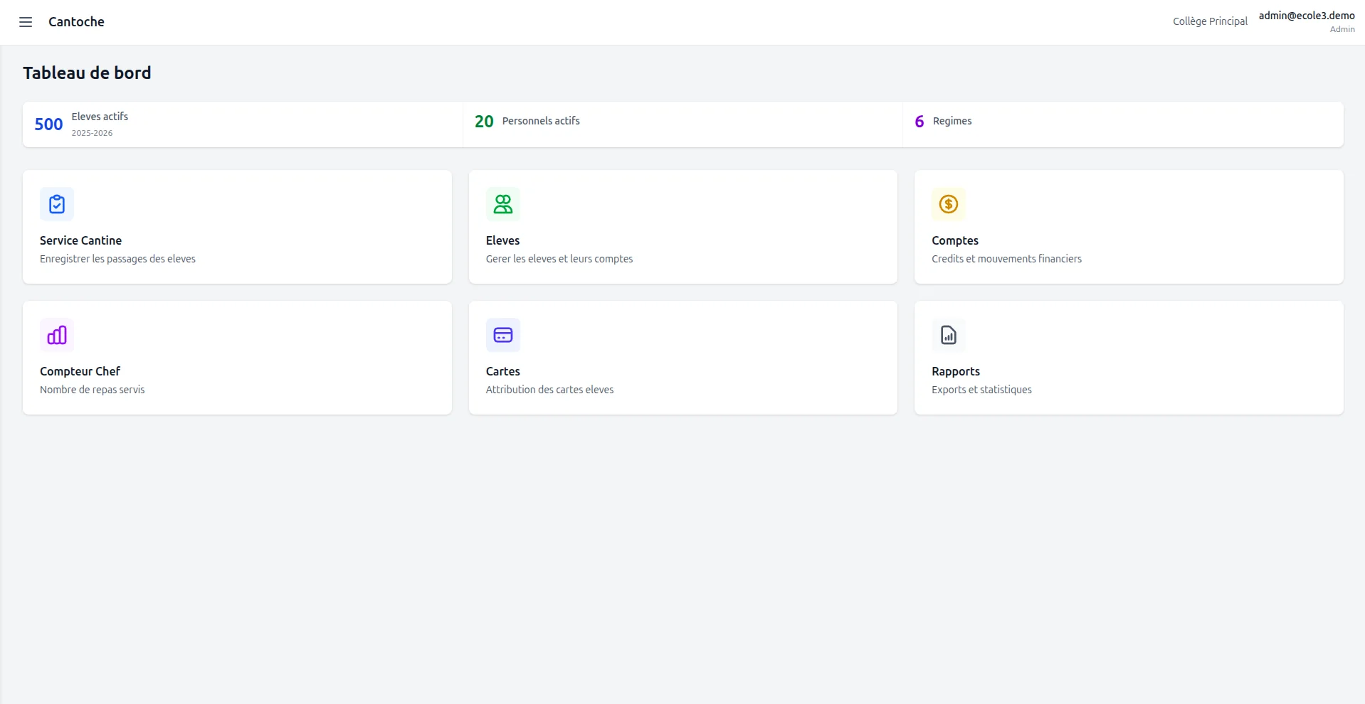 Vue d'ensemble du tableau de bord Cantoche - interface claire pour piloter la cantine en un coup d'œil