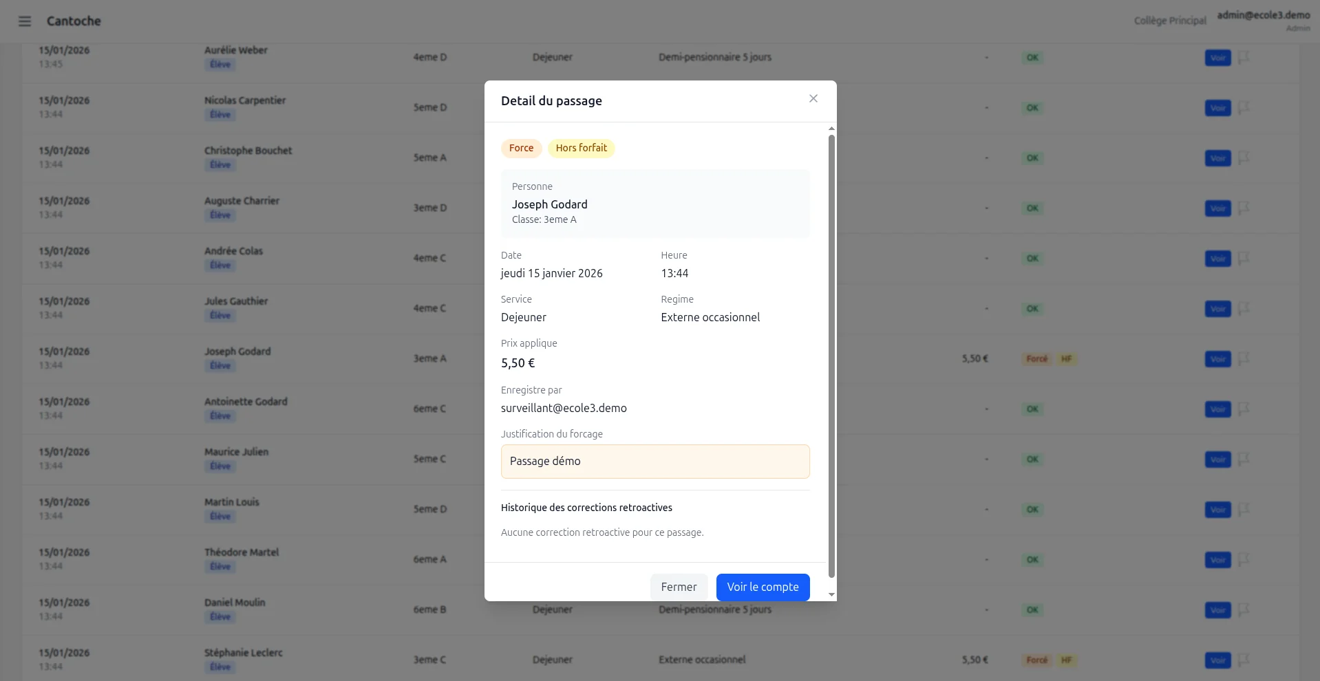 Résultat de validation explicite dans Cantoche - passage accepté, hors forfait ou refusé avec motif