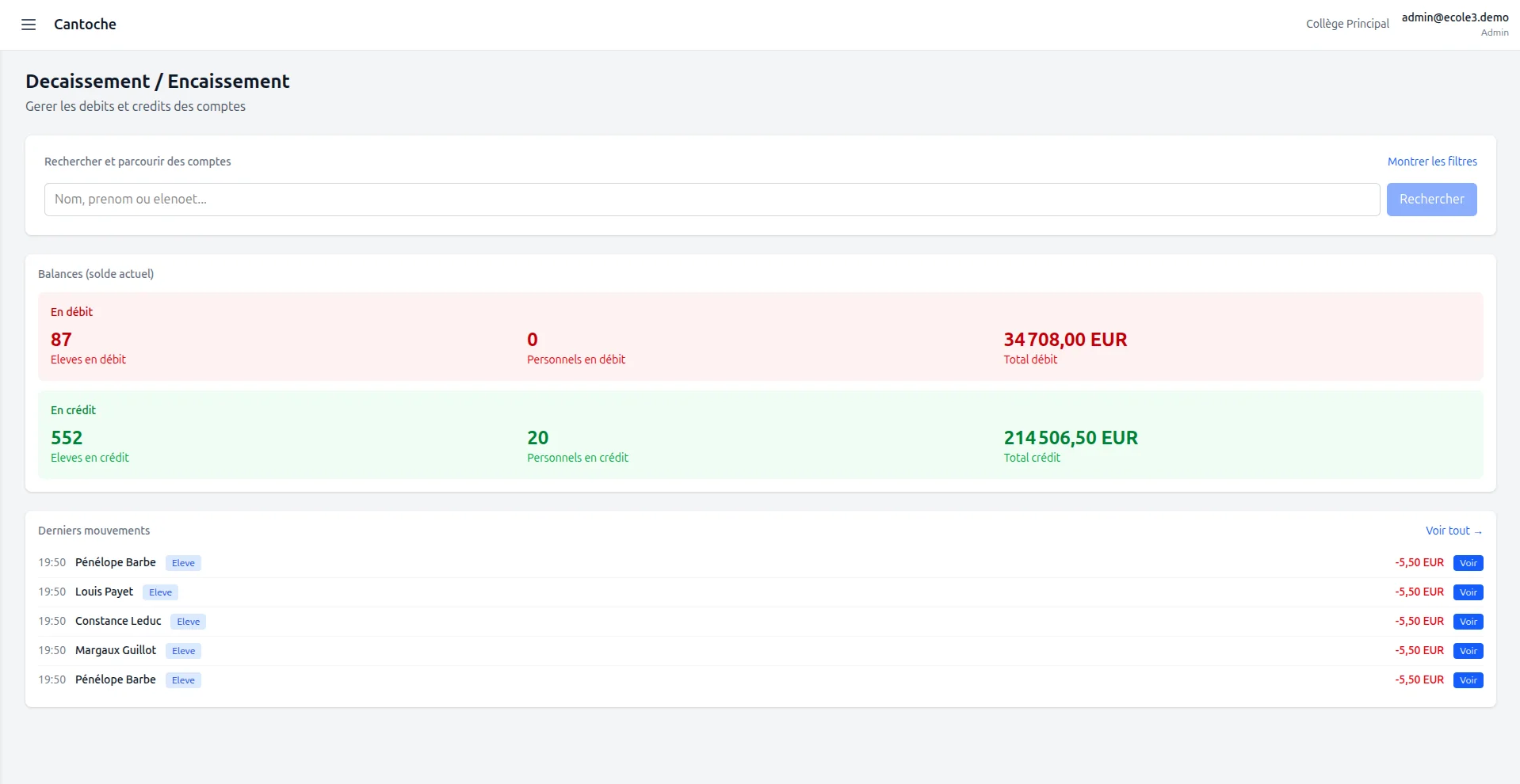 Comptes et mouvements - soldes, encaissements, débits avec suivi traçable
