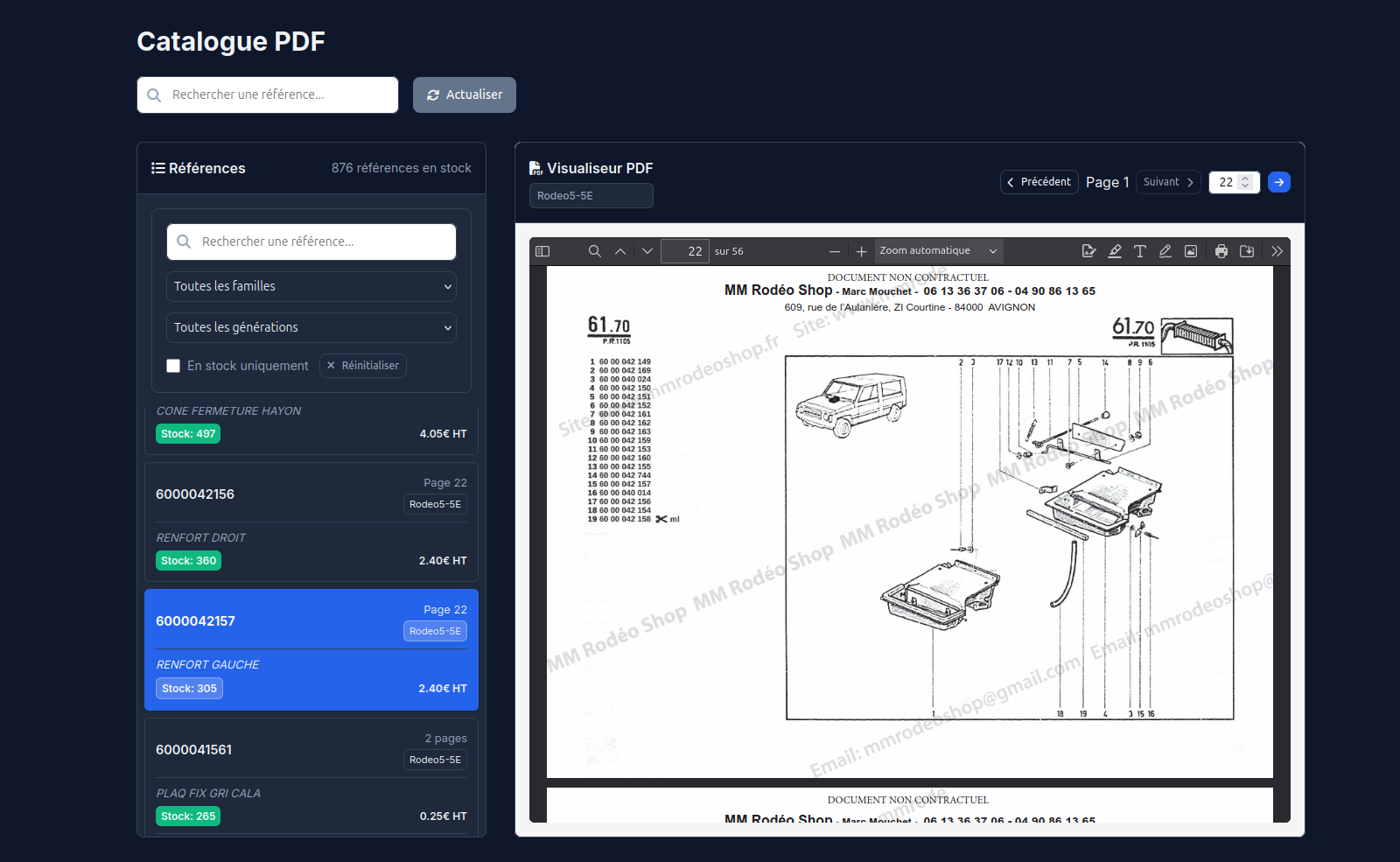 Recherche de référence PartRef Rodeo avec aperçu du catalogue PDF