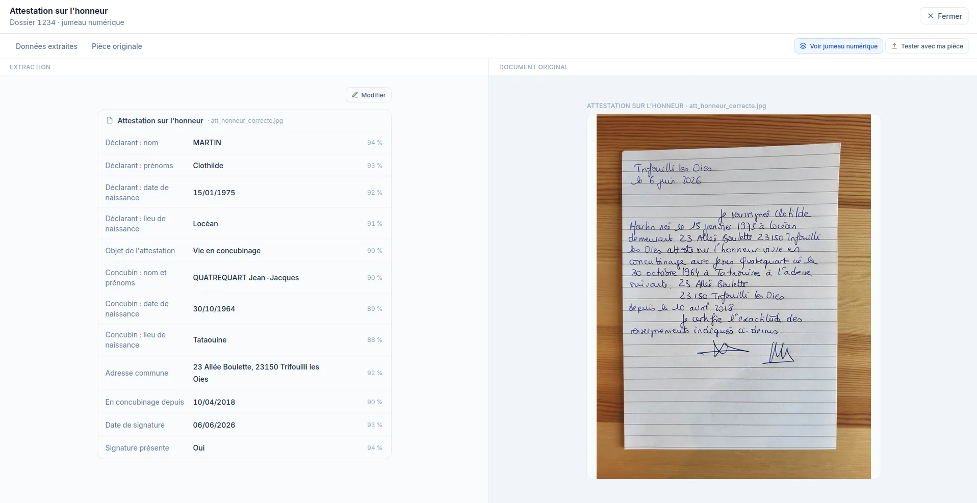 Extraction detail in ÉVIDENCE: the structured fields of a sworn statement shown next to the original handwritten document